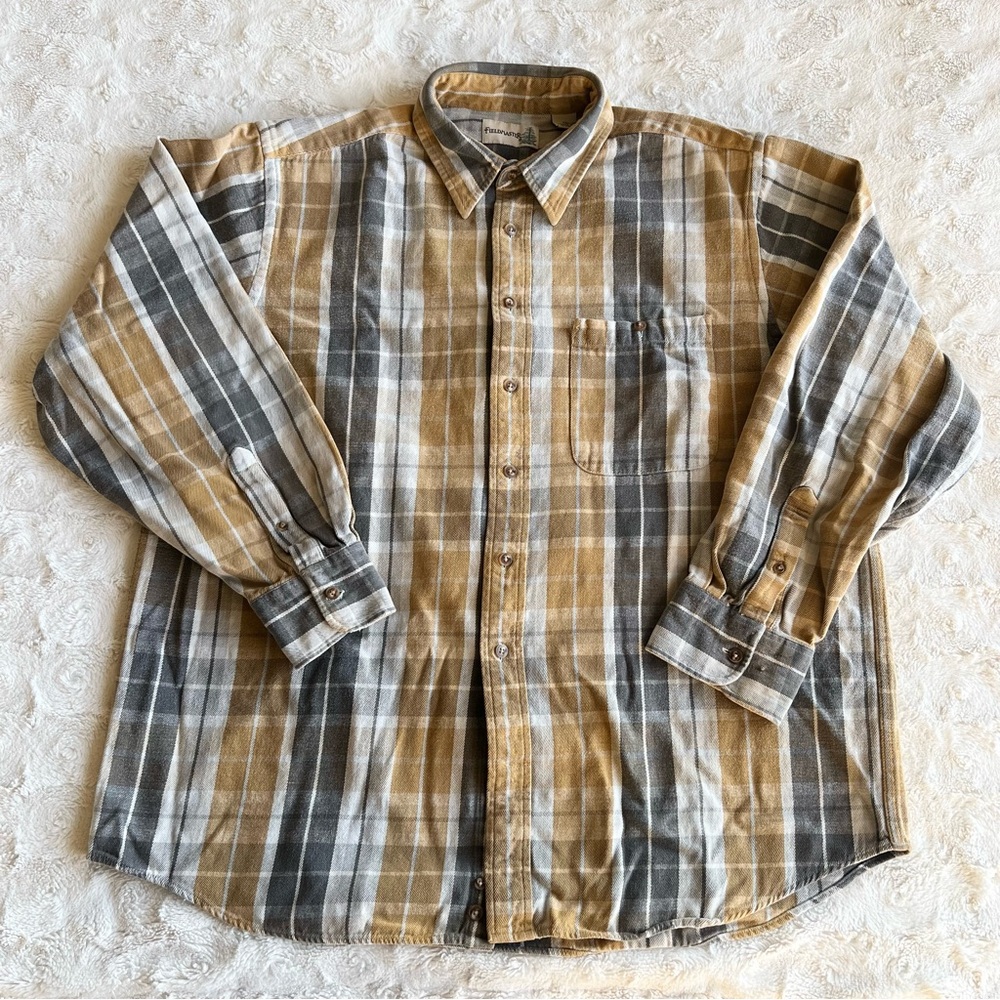 Vintage Fieldmaster Flannel Shirt Mens XL Yellow Gray Madras Lumberjack Granola